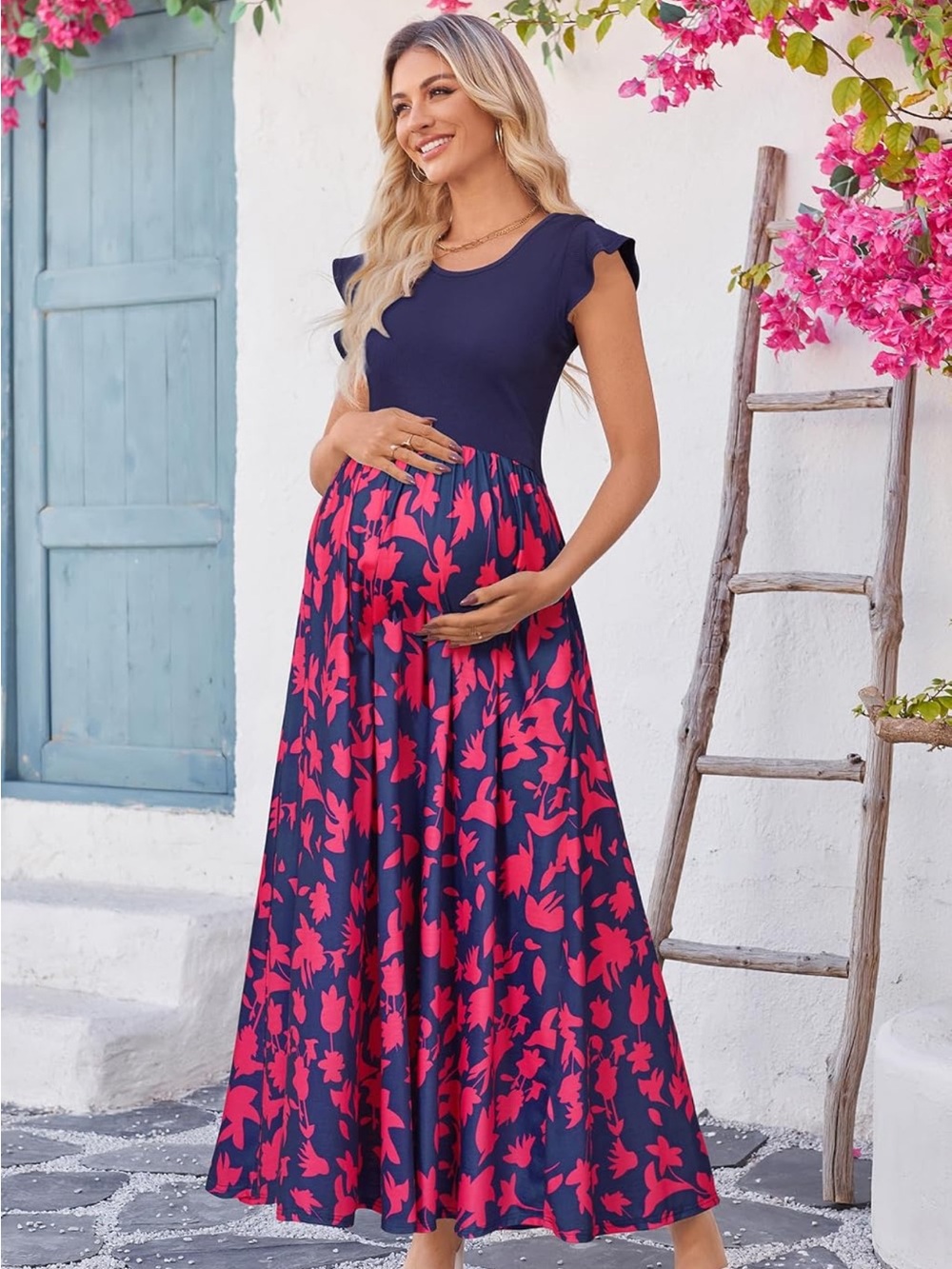 NWT OUGES Ruffle Sleeve Floral Maternity Maxi Dress with Pockets